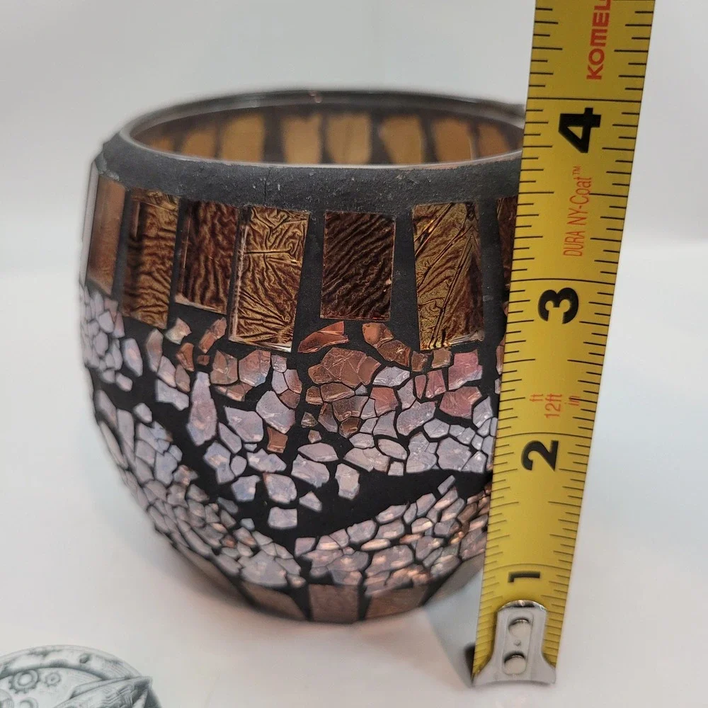 Mosaic Glass Votive Candle Holder Amber Copper Iridescent Boho Mosaic Decor